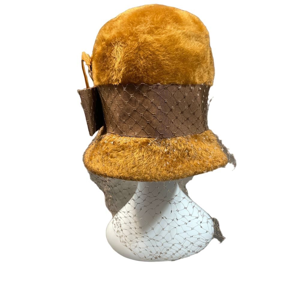 Vintage Mustard‎ Faux Fur Cloche Hat with Brown Ribbon Band and Feather H-15